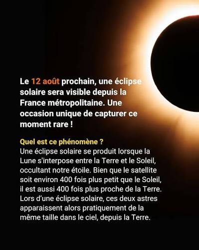 🌝DO YOU KNOW : ECLIPSE 🌝 🌟🔭Observer & photographier une &eacute;clipse Le 12  ao&ucirc;t prochain, une &eacute;clipse solaire sera visible depuis la France  m&eacute;tropolitaine. Une occasion unique de capturer ce moment rare ! 🌌