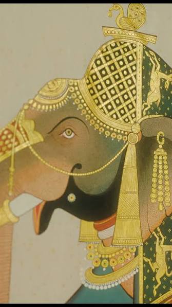 P-137, Price -5000Rs Size -11×15 inches approx The artwork depicts an elephant in ceremonial attire, a common subject in Mughal and Rajasthani miniature painting traditions. On old paper 50 year DM if