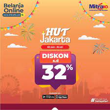 Menjelang perayaan hut jakarta ke 494 tahun 2021, banyak yang membuat spanduk hut jakarta 2021, gambar, background, poster hut kota jakarta. Mitra10 Promo Diskon Hingga 32 Di Hut Jakarta S D 16 Juli 2019 Promosi247 Promosi Katalog Dan Diskon Tokopedia Superindo Indomaret Giant Ovo Gopay Dll