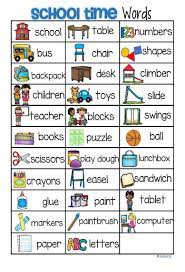 Back To School Vocabulary List 32 Words And Pictures Free Kindergarten Vocabulary Preschool Word Walls Preschool Writing