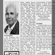 Funeral notice for Francesco Accomando who passed away