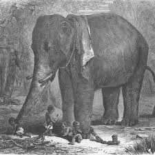 An Elephant taking care of children' Illustrated London News 1863 Excerpt from the source: 'The sketch was taken at a halting-ground on the high road to Benares, where a party of mahouts,