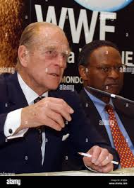 Prince Philip the Duke of Edinburgh and honorary member of the Word Wide  Fund for Nature (WWF) left, sits next to Emeka Anyaoku, WWF International  President, in Lugano, Switzerland, Saturday, Nov. 26,
