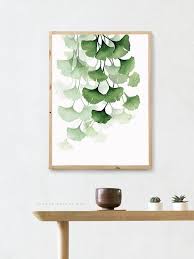 Green Watercolor Painting Ginkgo Biloba Leaves Wall Art Modern Etsy Leaf Wall Art Etsy Wall Art Botanical Wall Art