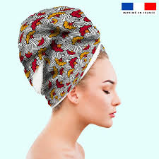 Toallita turbante de pelo blanco patrón de boda flor rojo y amarillo cera  Material Tejido de rizo 320 g/m