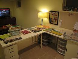 Love How Much Surface Area This L Shape Offers But It S Lacking In Sufficient Storage And We Don T Have This Sewing Room Inspiration Sewing Table Sewing Desk