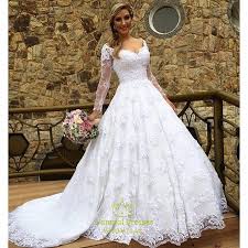Shop discount wedding dresses with half sleeves, 1/2 sleeves, 3/4 sleeves. White V Neck Sheer Long Sleeve Lace Ball Gown Wedding Dress Vampal Dresses