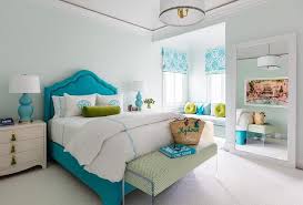 Check spelling or type a new query. A Green Bench With Lucite Legs Sits At The Foot Of A Turquoise Blue Bed Dressed In White And Turquoise Turquoise Bedding White Wainscoting Contemporary Bedroom