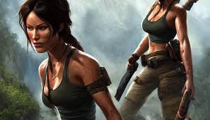 full body, comic art style, attractive athletic hourglass body charley  atwell as lara croft giantess woman