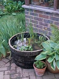 Miniteich Anlegen Fass Backsteinwand Outdoor Pflanzen Pflanzenkuebel Pflaster Miniteich Hinterhof Garten Topf Und Kubelpflanzen