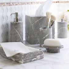This grey bathroom beautifully combines whites, blacks and greys altogether in a sophisticated, contemporary look. Marble Bathroom Accessories Set Http Www Otoseriilan Com Marble Bathroom Accessories Marble Accessories Bathroom Decor Accessories