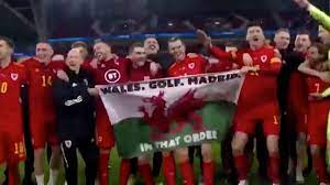 Wales celebrate with that flag. Real Madrid Bale Celebrates With Wales Golf Madrid Flag As Com