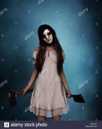 Sister Of Horror Portrait Of A Killer Woman With Hatchet And Cleaver 3d Rendering Stock Photo Alamy