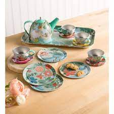 Hearthsong 15 Piece Fairy Themed Tin Tea Set With Carrying Case For Kids Imaginative Play Tea Set Decorative Tin Childrens Tea Sets