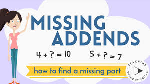 Students practice addition by finding the missing addend in each number sentence. Missing Addends Finding A Missing Part For Kids Youtube