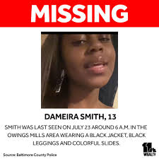 PLEASE SHARE* Baltimore County police are searching for missing 13-year-old  Dameira Smith. She was last seen in Owings Mills wearing a black jacker,  black leggings, and colorful slides. Please call 911 or