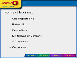 Forms Of Business Sole Proprietorship Partnership Corporations Limited Liability Company S Corporation Cooperative Ppt Download
