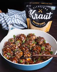 Honey Bbq Glazed Meatballs With The Roasted Garlic Honey Bbq Sauerkraut Recipes Glazed Meatballs
