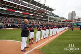 The Cleveland Indians During The National Anthem Before The Home Opener Against The Kansas City R Cleveland Indians Baseball Cleveland Indians Indians Baseball