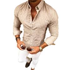 Men Vertical Striped Button Long Sleeve Shirt Slim Fit Dress Shirts