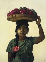 Gyi Gyi Woman With Dragon Fruit On Her Head In Current Show Yangon Downtown Judith Sinnamon At Edwina Corlette Gallery Myanmar Art Contemporary Art Art