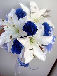 Offers may be subject to change without notice. Bridesmaids Posy Wedding Bouquet Real Touch Ivory Lillies Silk Royal Blue Roses Home Furnit Blue Wedding Flowers Royal Blue Bouquet Simple Wedding Bouquets