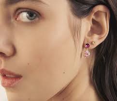 Par de Aros cristal doble colgante Light Rose Basic en plata baño en Oro