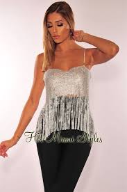 Silver Mesh Fringe Crop Top Fringe Crop Top Crop Tops Tank Top Fashion