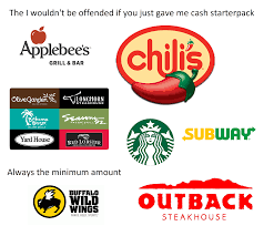 Plastic gift cards, virtual gift cards, top brands & retailers Crappy Chain Restaurants Everyone Gets A Gift Card For At Christmas Starterpack Starterpacks