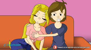 Una linda caricatura de ojos azules acaricia sus jugosas tetas