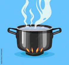 Boiling water in pan. Big black pot. Vector flat cartoon illustration Stock  Vector | Adobe Stock