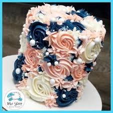 Bird In Hand Bake Shop Navy And Blush Buttercream Textures Cake By Blue Sheep Bake Shop Cake Decorating Cake Pretty Cakes