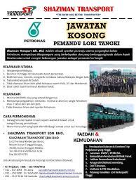 Saya mohd rozaimisedang mencari kerja sebagai pemandu lori lesen e kejul.jika ada hubungi saya.0177673746. Jawatan Kosong Shaziman Transport Sdn Bhd Hq Melaka Facebook