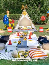 Construction Zone Themed Teepee Picnic Party Kids Birthday Party Ideas Backyard Birthday Parties Backyard Birthday Construction Theme Birthday Party