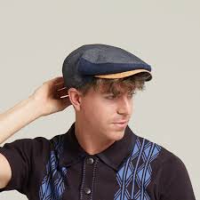 Henry Navy Summer Linen Flat Cap With Cork Visor Peak