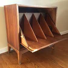 mid century drop front walnut record storage cabinet by lane epoch vinyl furniture album twin slot shelving system