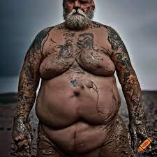 Big fat old man, bearded, tattoo, brown leather, in mud, in landscape with  mud on Craiyon
