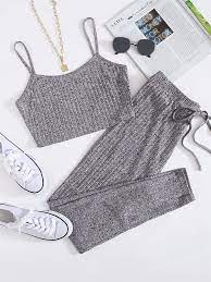Shaped to a figure hugging silhouette that's suspended from long sleeves, it's trimmed with ribbed detailing for a preppy finish. Plus Rib Knit Cami Top Knot Front Leggings Set Shein Eur