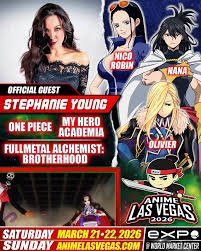 We’re excited to announce that *** Young is an official guest at Anime Las Vegas 2026!, You may know her as:, • Nico Robin in One Piece, • Nana Shimura in My Hero Academia, • Olivier Mira ...