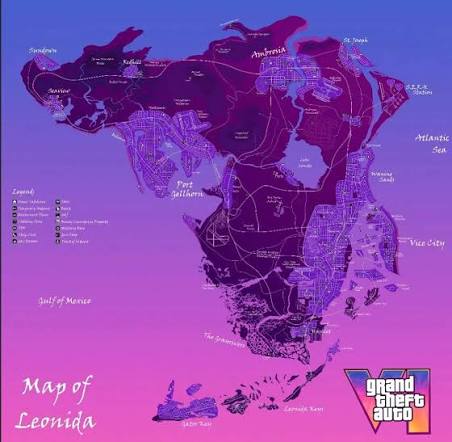 Mapa conceitual do estado de Leonida e região de Vice City em GTA 6
