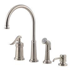 Simple lines create the contemporary style that will match perfectly with today's kitchen faucet. Pfister Ashfield Single Handle Standard Kitchen Faucet With Side Sprayer And Soap Dispenser In Brushed Nickel Lg26 4ypk The Home Depot