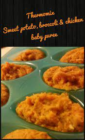 Thermomix Baby Puree Sweet Potato Broccoli And Chicken All Steamed In The Varoma While Soup Co Baby Food Recipes Baby Puree Recipes Sweet Potato Baby Food