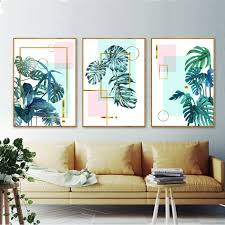 Modern Green Monstera Leaves Geometric Shape Canvas Print Wall Art Pos Cuadros Decorativos Para Living Decoracion Paredes Cuadros Cuadros Para Sala Moderna