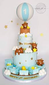 bear hot air balloon 3 Tier Fondant - brown, blue, light theme with hot air balloon and brown bears