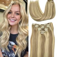 Gorgeous light effect ombre for long sleek hair. Amazon Com Human Extensions Clip In Hair Extensions 120g Ombre Light Highlighted Goden Blonde Remy Human Hair Extensionss Clip On Straight Thick Real Hair Extensions Natural Clip In Extensions 16inch 7pcs