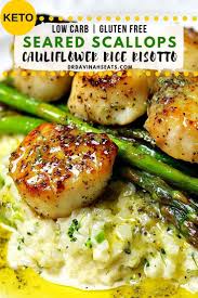 How to eat low carb as a vegan. A Quick Keto Friendly And Grain Free Recipe For Seared Scallops And Parmesan Cauliflower Risotto Recipe Scallop Recipes Grain Free Recipes Risotto Recipes