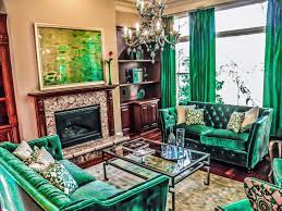 Eclectic Living Room Uses Green Velvet For Extra Sophistication Green Sofa Living Room Green Furniture Living Room Living Room Decor Gray