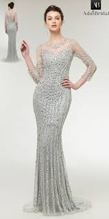 New Brilliant Tulle Jewel Neckline 3 4 Length Sleeves Sheath Column Evening Dress With Beadings Girls Formal Dresses Prom Dresses Long Silver Prom Dress