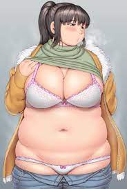 orizen, itou yukino, real drive, highres, 1girl, belly, black hair, blush,  bra, breasts, brown eyes, cleavage, clothes lift, fat, large breasts,  navel, open clothes, panties, plump, ponytail, shirt, shirt lift, solo,  underwear -