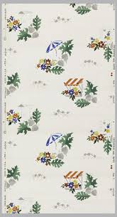 Evenly Spaced Motifs Of Window Boxes Umbrellas Small Tables And An Arbor Each With A Grouping Of Green Tropical Illustration Vintage Wallpaper Grey Flowers